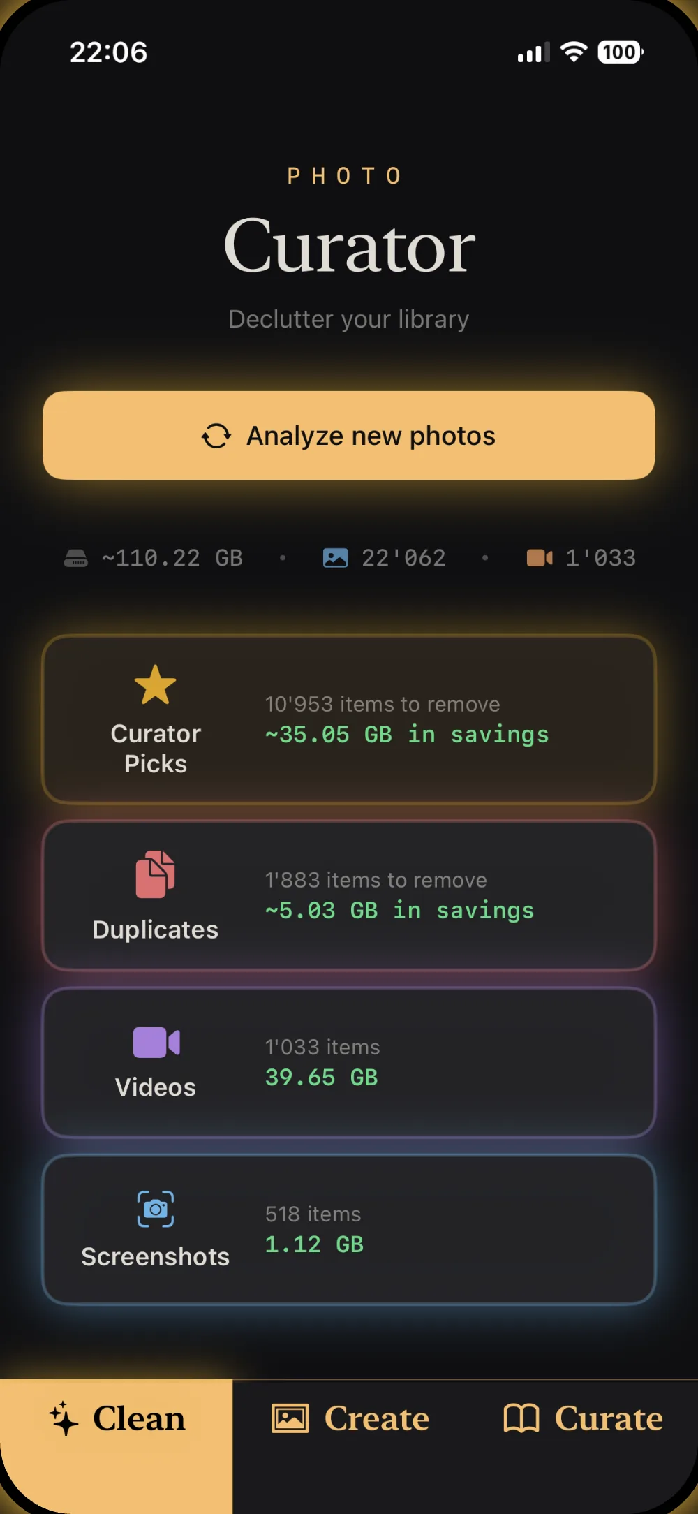 Curator Clean tab showing AI-picked items to remove and storage savings